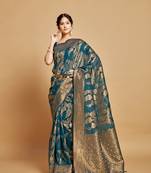 Teal jari weaving linen saree with un stitched blouse