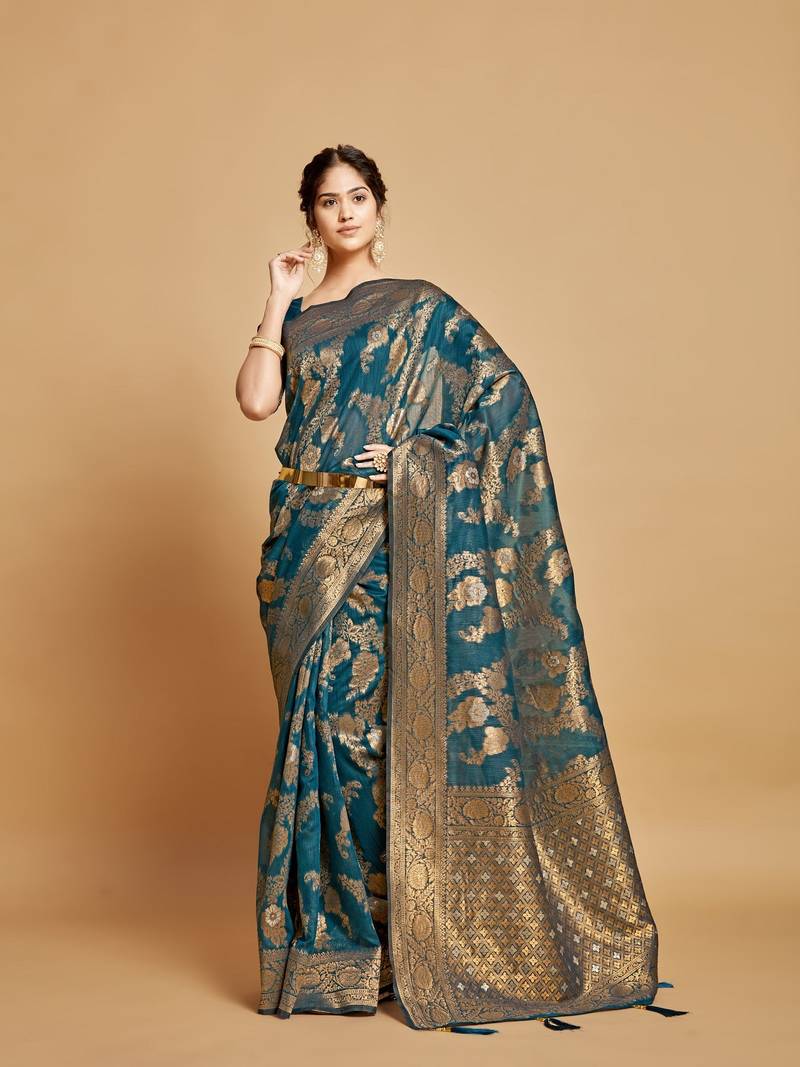 Teal jari weaving linen saree with un stitched blouse