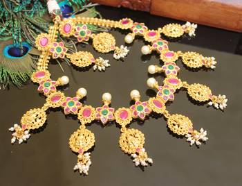 Gold platted lakshmi ruby pearl necklace set 1