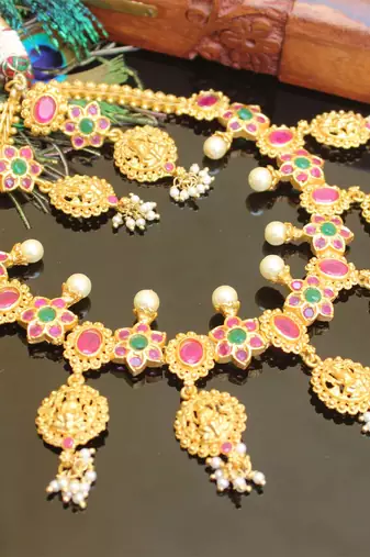 Gold platted lakshmi ruby pearl necklace set