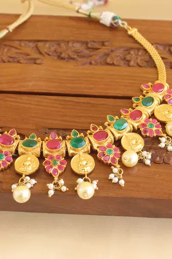 Gold platted lakshmi ruby pearl necklace