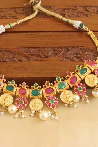 Gold platted lakshmi ruby pearl necklace