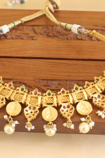 Gold platted lakshmi ruby pearl necklace