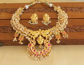 Gold platted peacock lakshmi ruby pearl necklace set 1