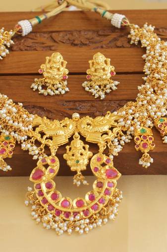 Gold platted peacock lakshmi ruby pearl necklace set