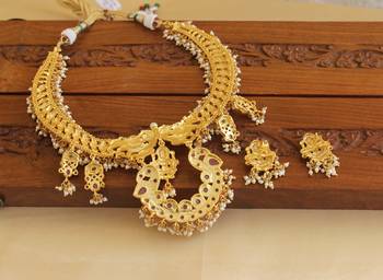 Gold platted peacock lakshmi ruby pearl necklace set 2