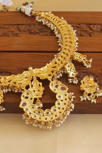 Gold platted peacock lakshmi ruby pearl necklace set