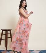 Pink printed supernet sarees with un stitched blouse