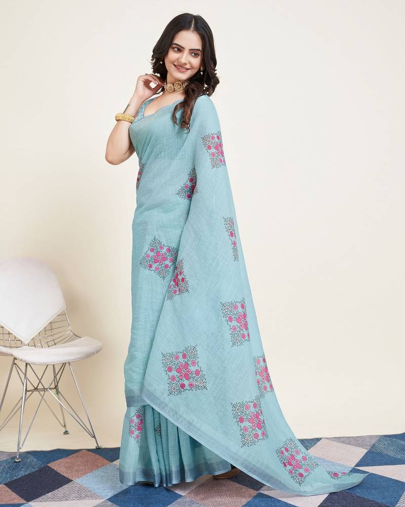 Sky blue printed cotton sarees with un stitched blouse