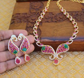 Gold platted cz peacock necklace set 2