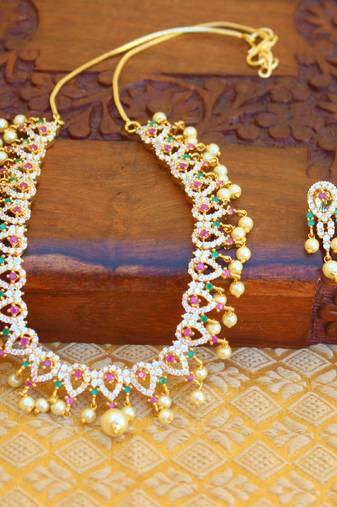 Gold platted cz pearl necklace set