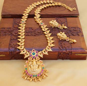 Gold platted peacock lakshmi kempu long necklace set 1