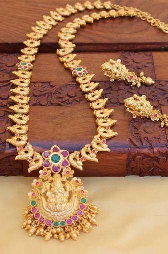 Gold platted peacock lakshmi kempu long necklace set