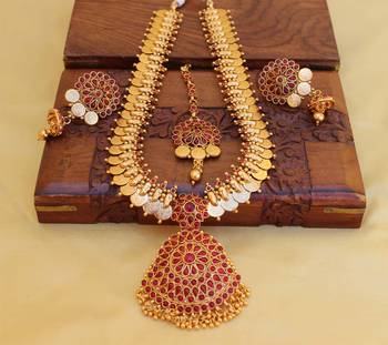 Gold platted kasu kempu temple long necklace set 1