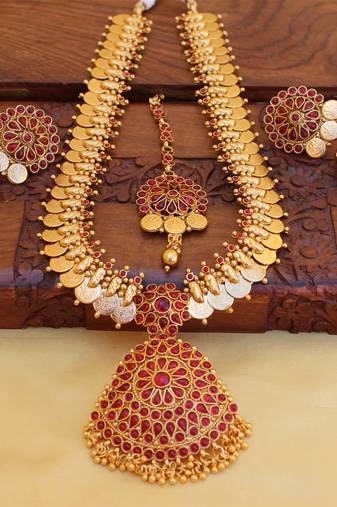Gold platted kasu kempu temple long necklace set