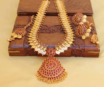 Gold platted kasu kempu temple long necklace set 2