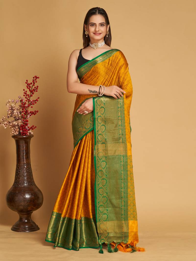 Dark yellow weaving banarasi silk sarees with un stitched blouse