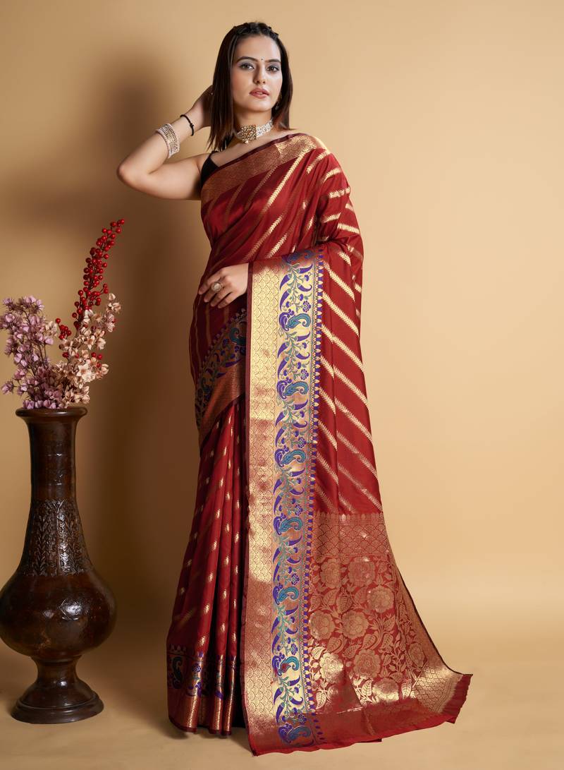 Red weaving banarasi silk sarees with un stitched blouse