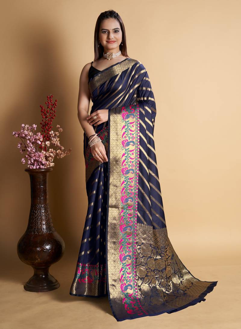 Blue weaving banarasi silk sarees with un stitched blouse