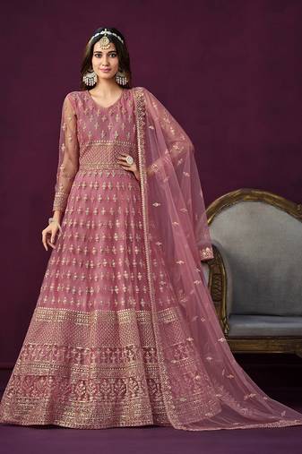 Light pink net anarkali suit with embroidered and sequins work