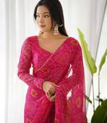 Soft Chiffon Very Light Weight Fabric Bandhej Print Ready To Wear Saree With Un-Stitched Blouse