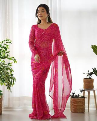 Soft Chiffon Very Light Weight Fabric Bandhej Print Ready To Wear Saree With Un-Stitched Blouse 3