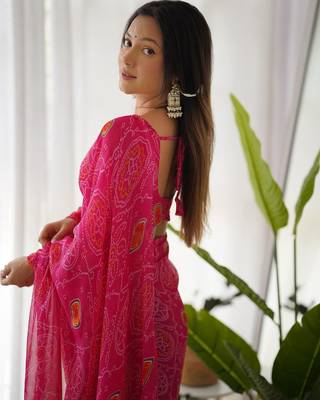 Soft Chiffon Very Light Weight Fabric Bandhej Print Ready To Wear Saree With Un-Stitched Blouse 5