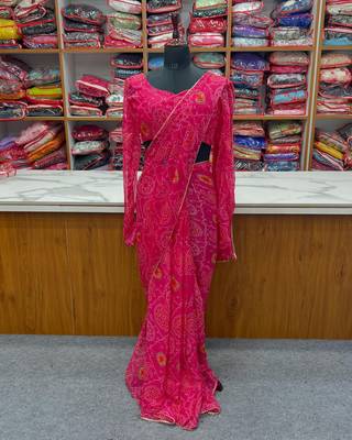 Soft Chiffon Very Light Weight Fabric Bandhej Print Ready To Wear Saree With Un-Stitched Blouse 7