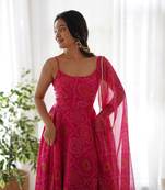 Very Light Weight Soft Chiffon Fabric Pink Colour Party Wear Stitched Gown