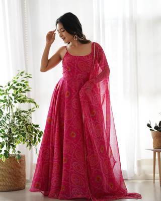 Very Light Weight Soft Chiffon Fabric Pink Colour Party Wear Stitched Gown 4