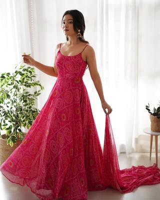 Very Light Weight Soft Chiffon Fabric Pink Colour Party Wear Stitched Gown 5