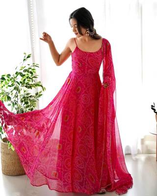 Very Light Weight Soft Chiffon Fabric Pink Colour Party Wear Stitched Gown 6