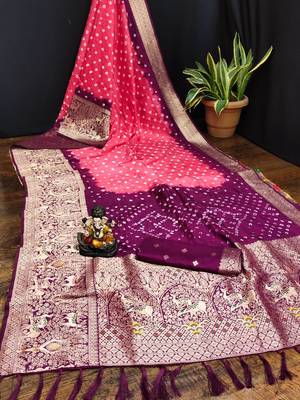 Gajari Beautiful Boutique Bandhej With Faux Kanjivaram Border Zari Weaving Rich Pallu Saree With Blouse For Women 1