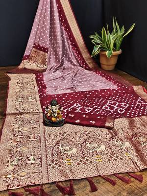 Lavender Beautiful Boutique Bandhej With Faux KANJIVARAM Border Zari Weaving Rich Pallu Saree With Blouse For Women 1