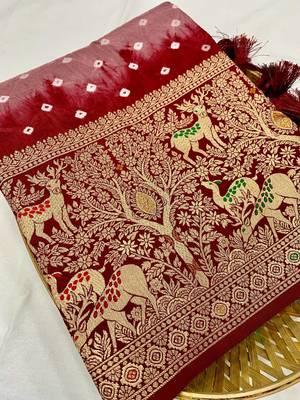 Lavender Beautiful Boutique Bandhej With Faux KANJIVARAM Border Zari Weaving Rich Pallu Saree With Blouse For Women 3