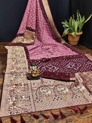 Purple Beautiful Boutique Bandhej With Faux Kanjivaram Border Zari Weaving Rich Pallu Saree With Blouse For Women 1