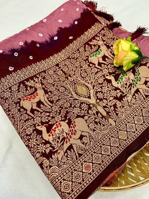 Purple Beautiful Boutique Bandhej With Faux Kanjivaram Border Zari Weaving Rich Pallu Saree With Blouse For Women 3