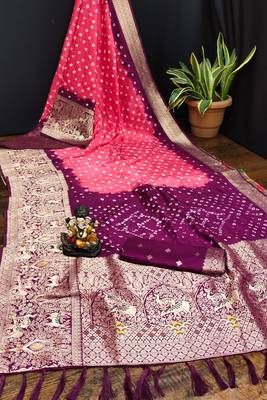 Multi Beautiful Boutique Bandhej With Kanjivaram Border Zari Weaving Rich Pallu Saree With Blouse For Women 1