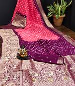Multi Beautiful Boutique Bandhej With Kanjivaram Border Zari Weaving Rich Pallu Saree With Blouse For Women