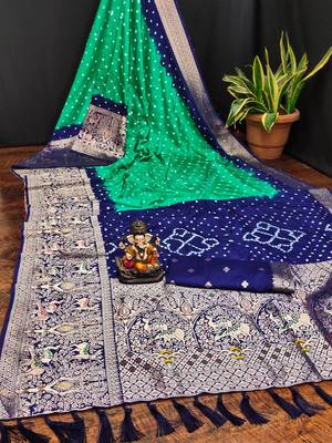 Teal Beautiful Boutique Bandhej With Faux Kanjivaram Border Zari Weaving Rich Pallu Saree With Blouse For Women 1