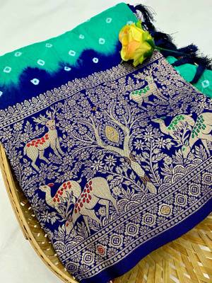 Teal Beautiful Boutique Bandhej With Faux Kanjivaram Border Zari Weaving Rich Pallu Saree With Blouse For Women 2