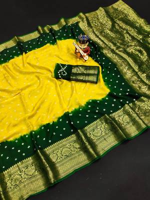 Yellow Beautiful Boutique Bandhej With Faux Kanjivaram Border Zari Weaving Rich Pallu Saree With Blouse For Women 1