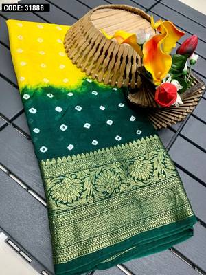 Yellow Beautiful Boutique Bandhej With Faux Kanjivaram Border Zari Weaving Rich Pallu Saree With Blouse For Women 2