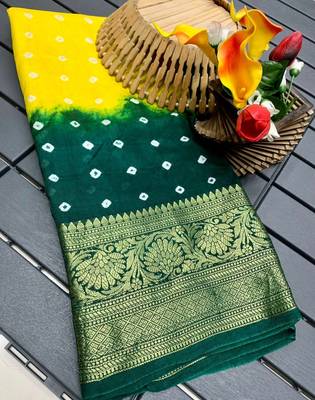 Yellow Beautiful Boutique Bandhej With Faux Kanjivaram Border Zari Weaving Rich Pallu Saree With Blouse For Women 3