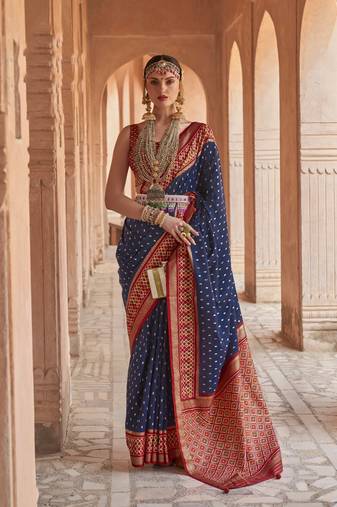 Women'S Navy Blue silk blend Blend Saree With Unstitched Blouse Piece