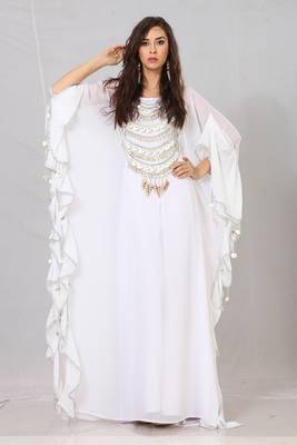 Grand White Designer Kaftan with Silver Shell & Cowrie Embellishment | Luxury Beach Wedding Wear 2