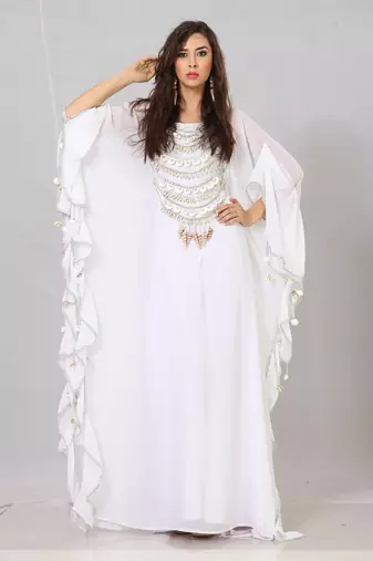 Grand White Designer Kaftan with Silver Shell & Cowrie Embellishment | Luxury Beach Wedding Wear