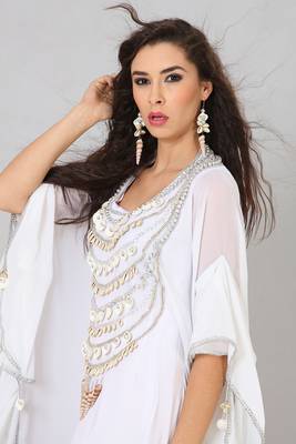 Grand White Designer Kaftan with Silver Shell & Cowrie Embellishment | Luxury Beach Wedding Wear 3