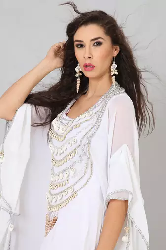 Grand White Designer Kaftan with Silver Shell & Cowrie Embellishment | Luxury Beach Wedding Wear