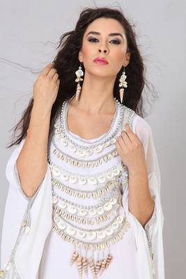 Grand White Designer Kaftan with Silver Shell & Cowrie Embellishment | Luxury Beach Wedding Wear 4